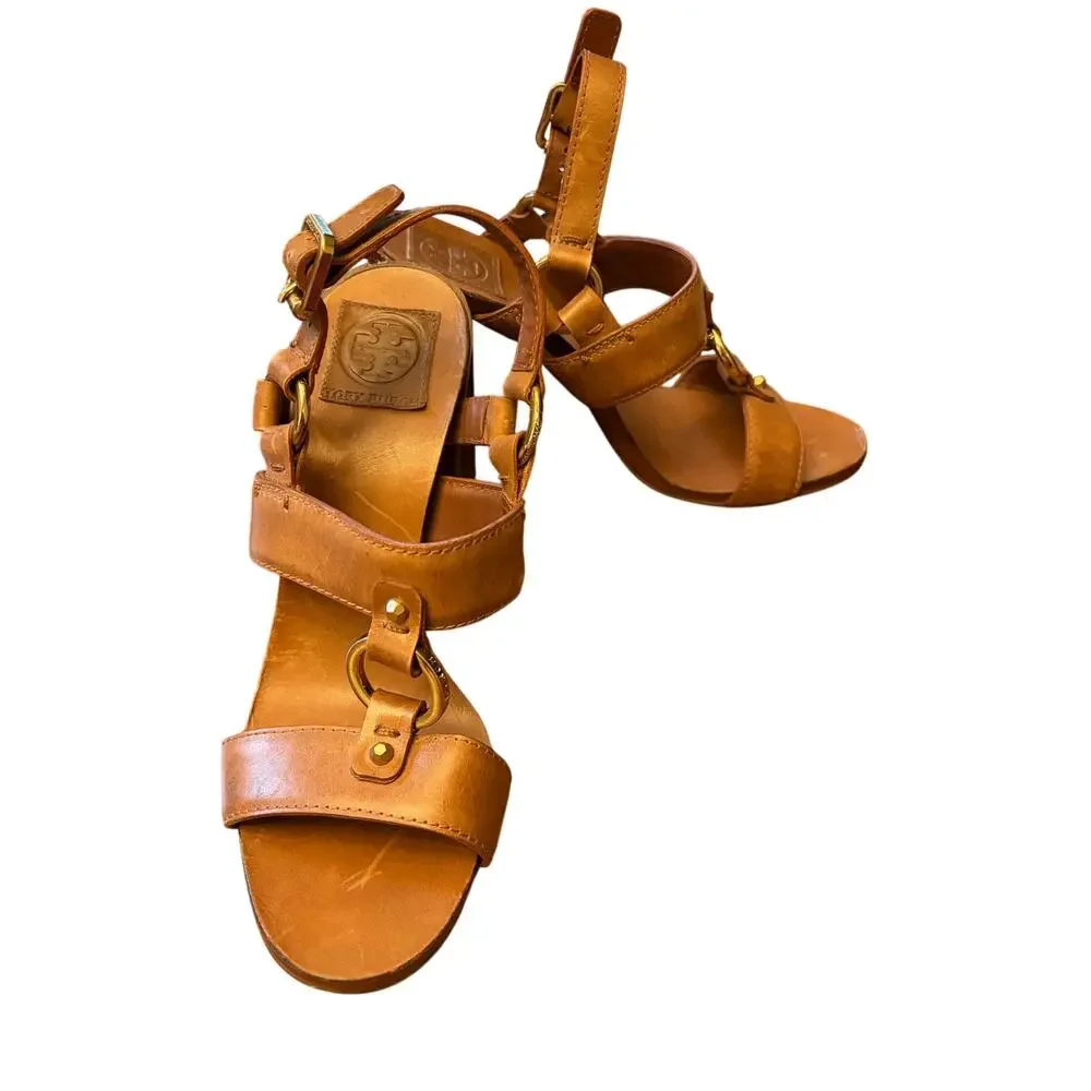 Tory Burch Gipse Almond Antique Veg Leather Heeled Sandals Size 9M